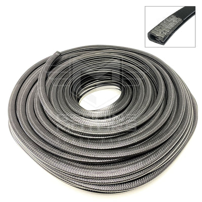 Flexible black PVC U-shaped edge protector strip (8x14mm, 50m) – ideal for vehicle and machinery edge protection.